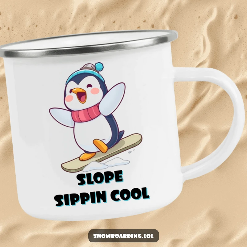 Funny Penguin Snowboarder Camping Mug: A delighted penguin executing a wobbly, amusing snowboard trick in a rustic setting.