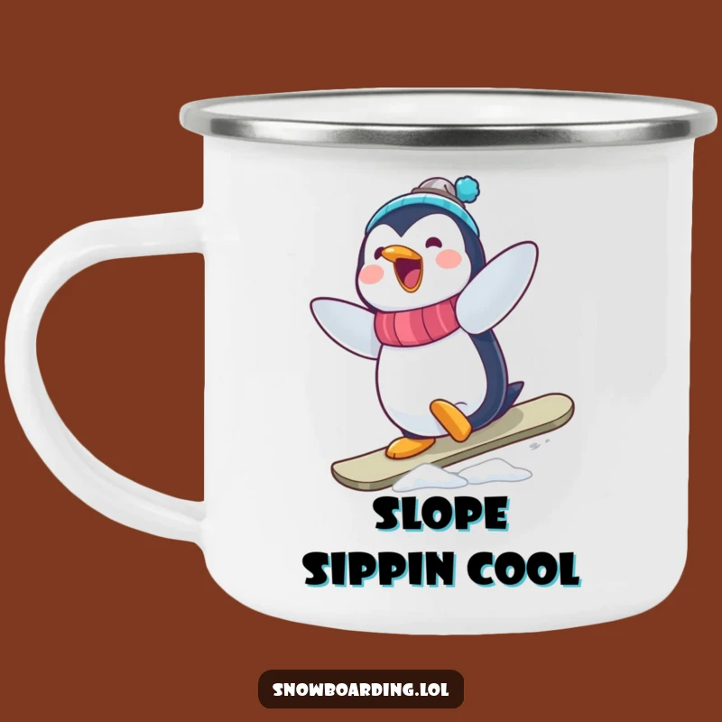 Funny Penguin Snowboarder Camping Mug: Wobbly Tricks by the Campfire!