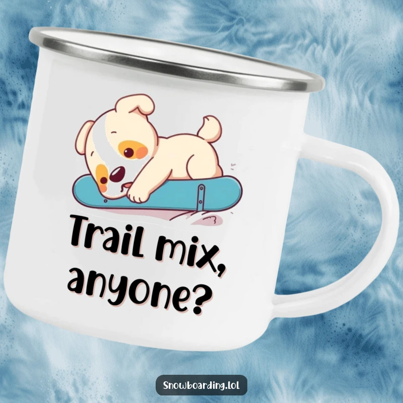 Funny puppy with floppy ears, tumbling off a snowboard, on a rugged camping mug for hilarious sips.