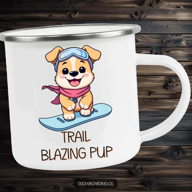 Funny Camping Mug: A grinning puppy rides a snowboard, ideal for outdoor adventures and hot drinks.
