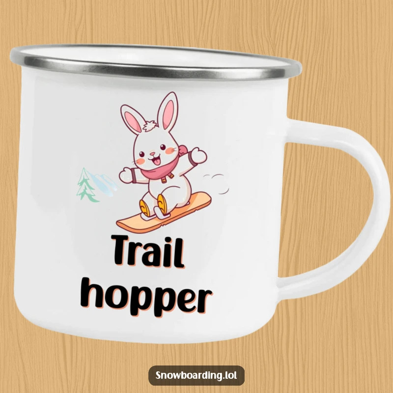 Funny rabbit snowboarder camping mug, a cheerful rabbit speeding down a snowy mountain on a snowboard, ready for the outdoors.
