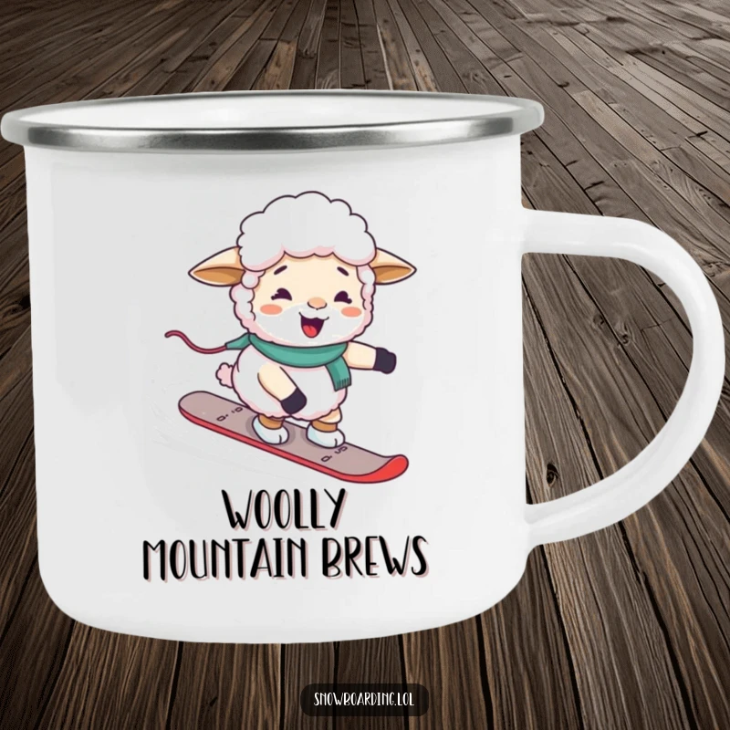 Funny giggling sheep awkwardly steering a snowboard, depicted on a durable enamel camping mug.