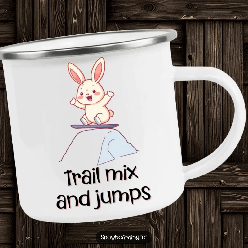 Funny camping mug with a cheerful bunny snowboarding and jumping, perfect for enjoying drinks outdoors with humor.