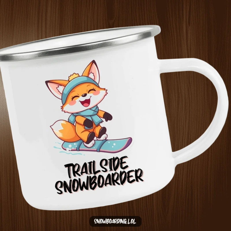 Funny camping mug showing a joyful fox catching air on a snowboard, grinning, perfect for adventurous outdoor sipping.