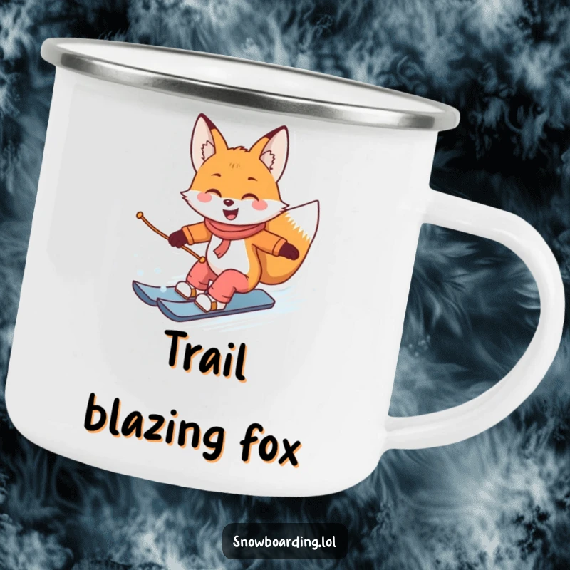 Funny camping mug with a smiling fox snowboarding and carving turns, perfect for enjoying drinks outdoors with humor.