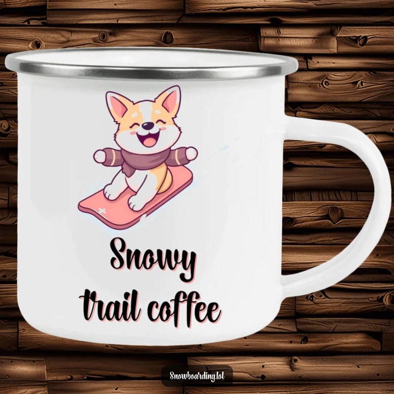 Funny enamel camping mug of a happy dog gleefully snowboarding down a snowy slope, perfect for winter outdoor enjoyment.