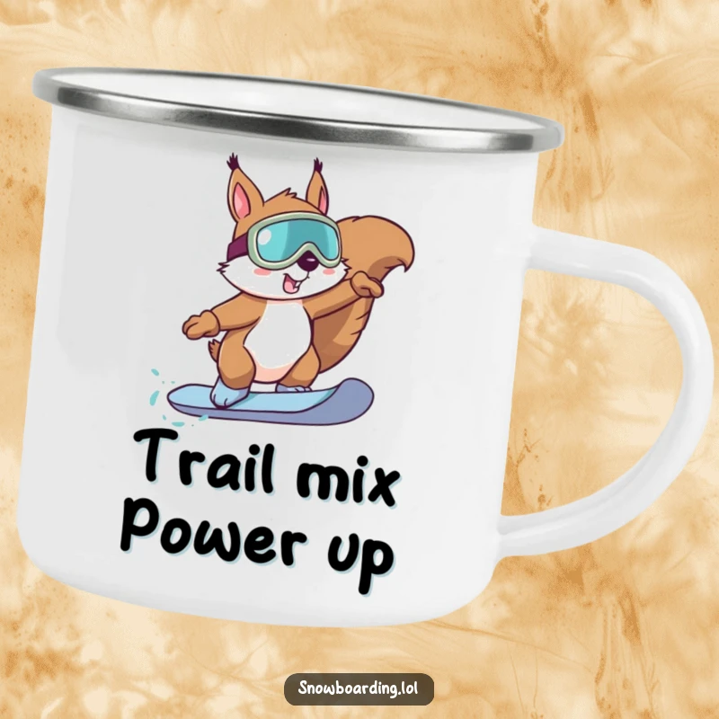 Funny Squirrel Snowboard Camping Mug: A determined squirrel with goggles performs a snowboard trick, ready for adventure.