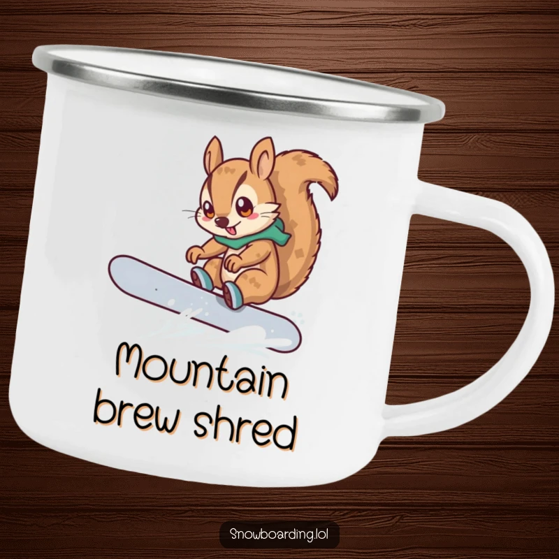 Funny camping mug showing a determined squirrel snowboarding and attempting a trick, perfect for outdoor adventures and a good chuckle.