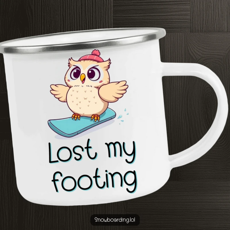 Funny camping mug featuring a startled owl comically falling off a snowboard, perfect for outdoor adventures and a good laugh, a hilarious gift.