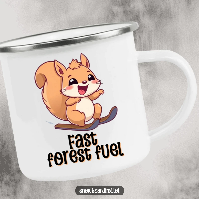 Funny camping mug with a joyful squirrel speeding downhill through a forest. Durable and fun for camping.