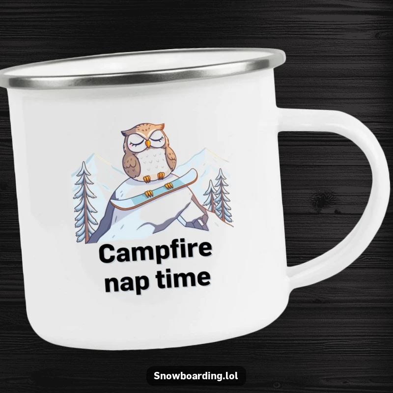 Funny camping mug with a tired owl napping on a snowboard at the mountain peak, perfect for outdoor relaxation.