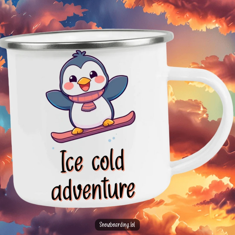 Funny joyful penguin snowboarding on a camping mug, perfect for outdoor enthusiasts and winter sports fans.