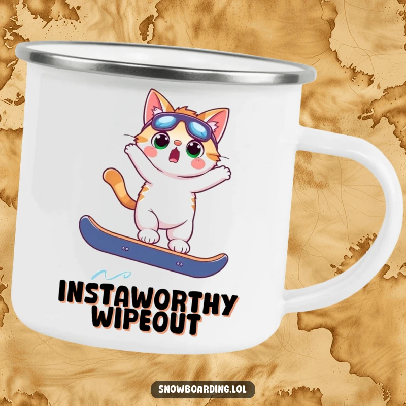 Funny surprised cat in a comical airborne snowboard pose on a durable camping mug, perfect for cozy outdoor sips.