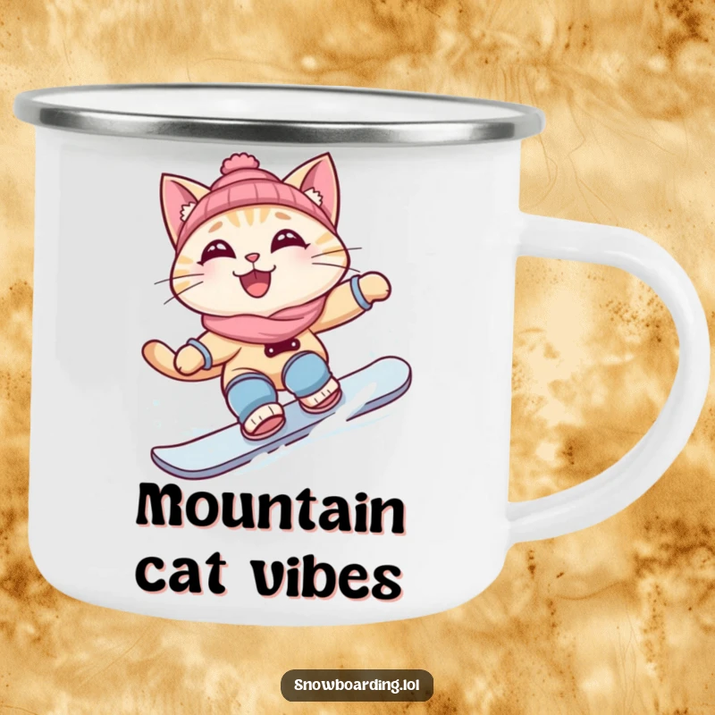 Funny camping mug featuring a curious cat carving a snowboard turn, durable and perfect for outdoor adventures.