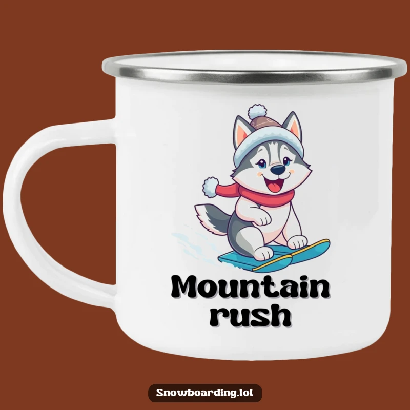Funny Husky Snowboarder Camping Mug: Cheerful Dog, Outdoor Adventure, Winter Gift