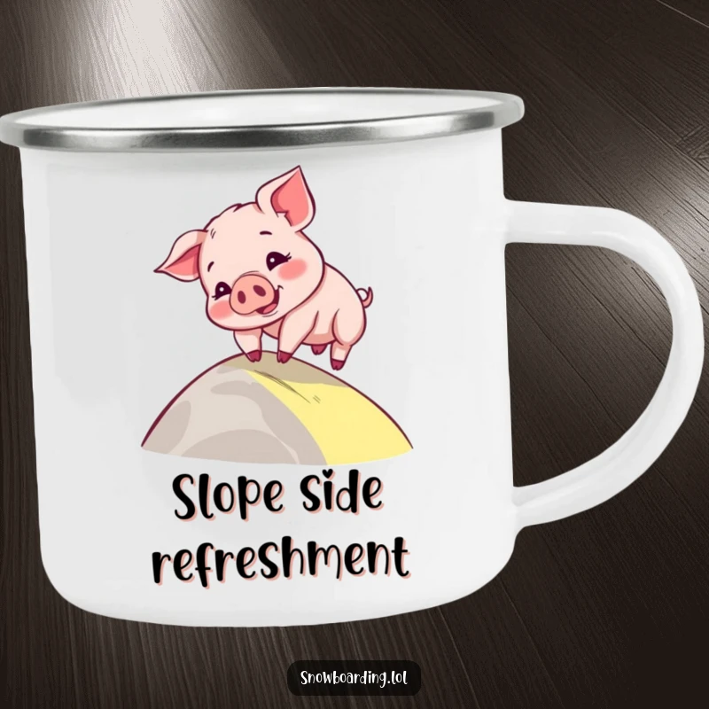 Funny camping mug showing a playful piglet comically wobbling down a gentle slope, perfect for outdoor enjoyment and a good chuckle.