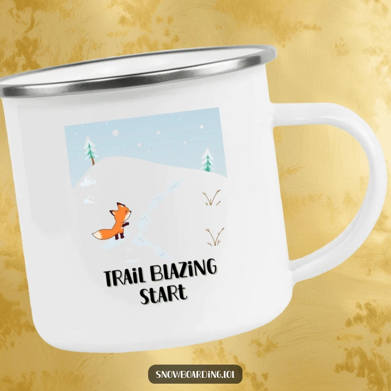 Funny camping mug showing a determined fox skiing down a snowy hill, perfect for outdoor adventures and humorous enjoyment.