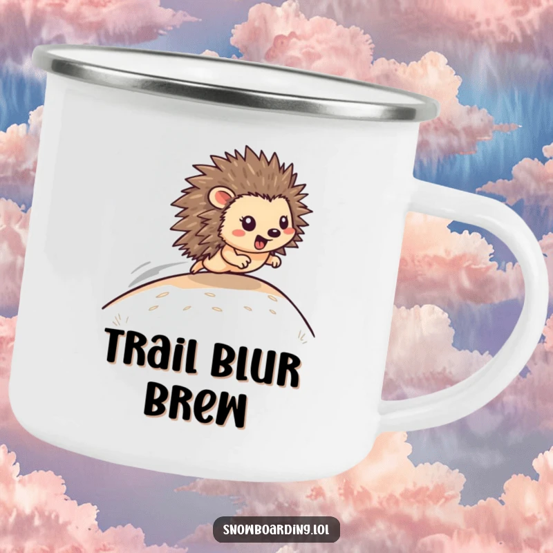 Funny Camping Mug: A happy hedgehog zooms down a hill, ideal for hot drinks during outdoor adventures.
