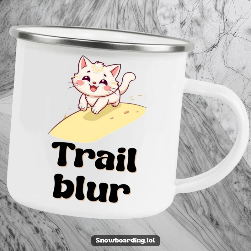 Funny cat camping mug, a smiling blur of fur speeding downhill, perfect for enjoying drinks on any adventure.