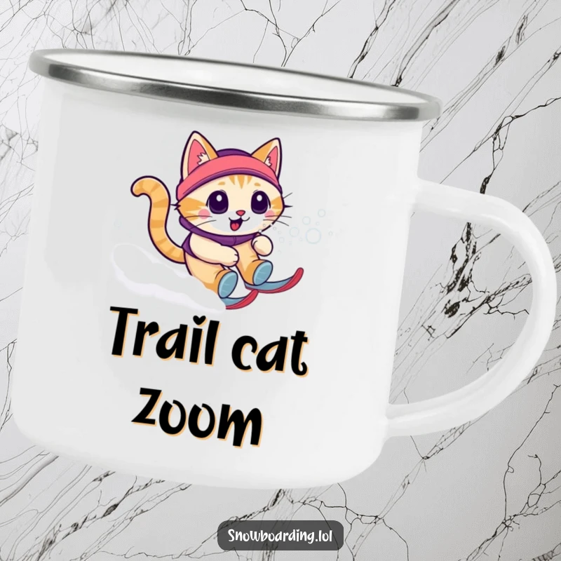 Funny cat snow zoomie camping mug depicting a cat zooming downhill, durable and perfect for adventures with a humorous touch.