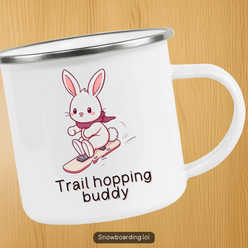 Funny camping mug designed with a playful bunny snowboarding with its fluffy tail trailing, perfect for outdoor drinks and a dose of cute humor.