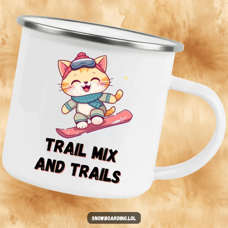 Funny cat snowboarder camping mug, a happy cat in action on a snowy mountain, ideal for sipping coffee outdoors.