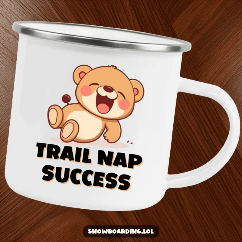 Funny camping mug showing a bear cub tumbling downhill, laughing heartily, perfect for outdoor adventures and a good chuckle.