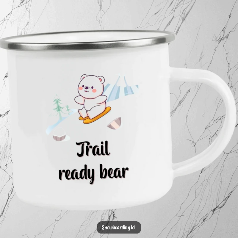 Funny camping mug with a happy bear smoothly snowboarding down a snowy mountain, perfect for outdoor winter enjoyment.
