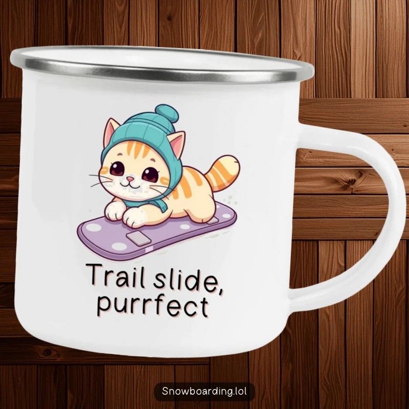 Funny camping mug with a curious cat sliding on its belly on a snowboard, perfect for outdoor enthusiasts who love humor.
