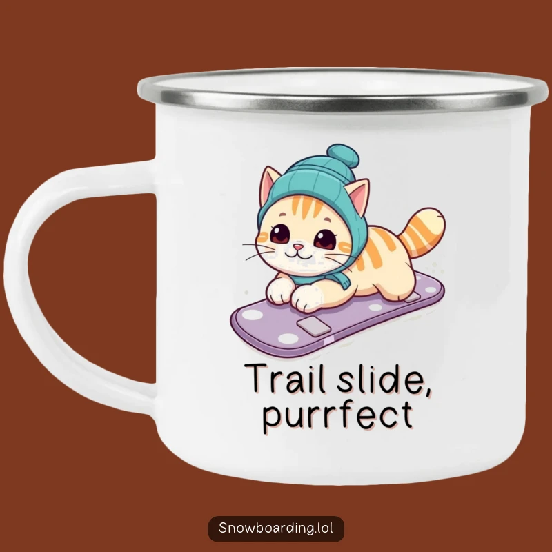 Funny Cat Snowboarding Camping Mug: Belly Slide Adventures for the Trail