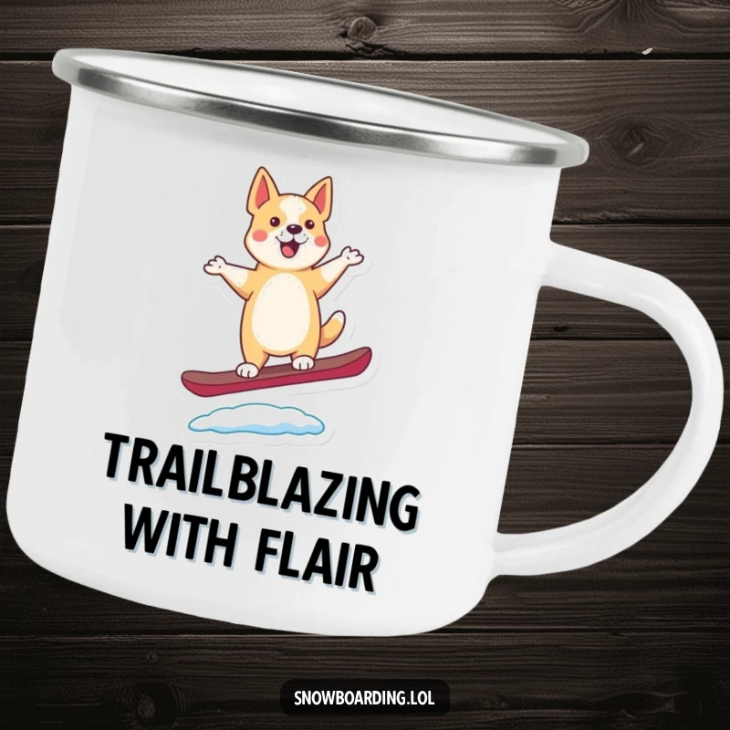 Funny camping mug with a happy, dancing dog balancing on a snowboard, tail wagging during outdoor adventures.