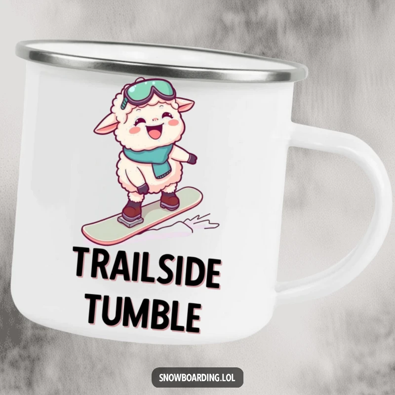 Funny camping mug with a sheep hilariously attempting to snowboard on a mountain, looking cheerful. Durable enamel.