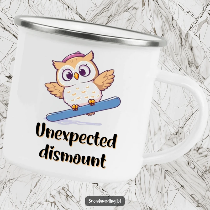Funny camping mug with a startled owl tumbling off a snowboard, eyes wide with surprise during outdoor fun.