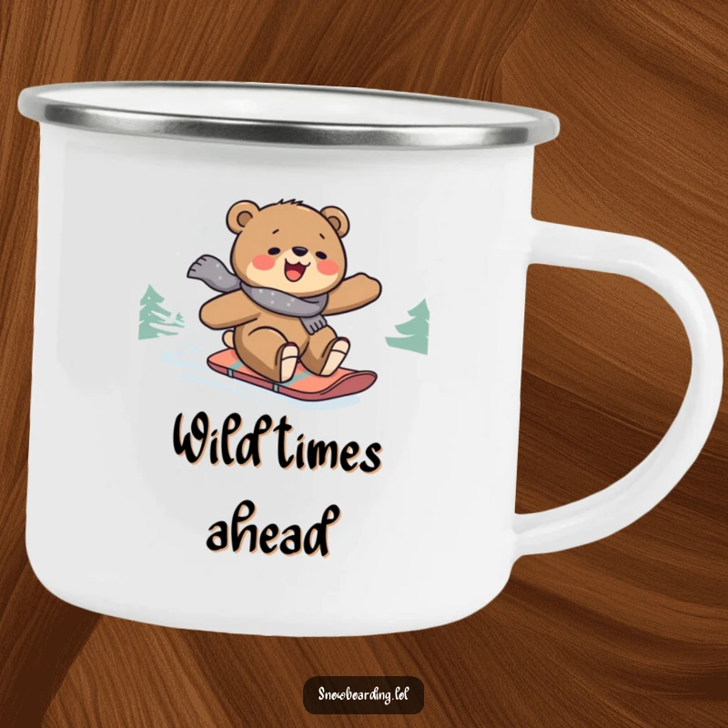 Funny camping mug showcasing a bear snowboarding down a snowy hill, perfect for enjoying drinks outdoors with humor.