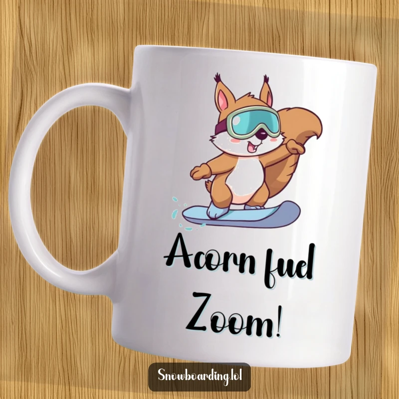 Funny Squirrel Snowboarder Mug: A determined squirrel with goggles executes a snowboard trick with focus and flair.