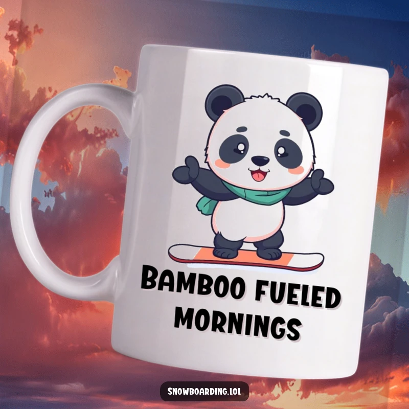 Funny mug featuring a determined panda balancing on a snowboard with a proud grin, showcasing winter focus.