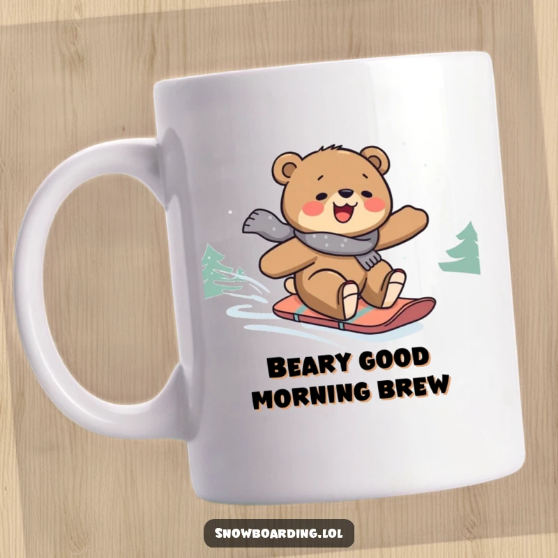 Funny mug featuring a joyful bear hilariously snowboarding down a snowy mountain, radiating pure winter fun and excitement.