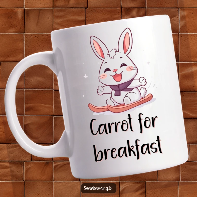 Funny cheerful rabbit grinning widely while making a snowy snowboard turn, radiating winter joy and playful energy.