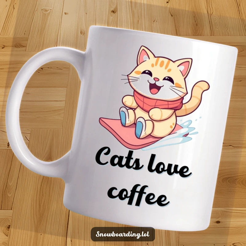 Funny grinning cat sliding on a snowboard with windblown fur, printed on a mug.