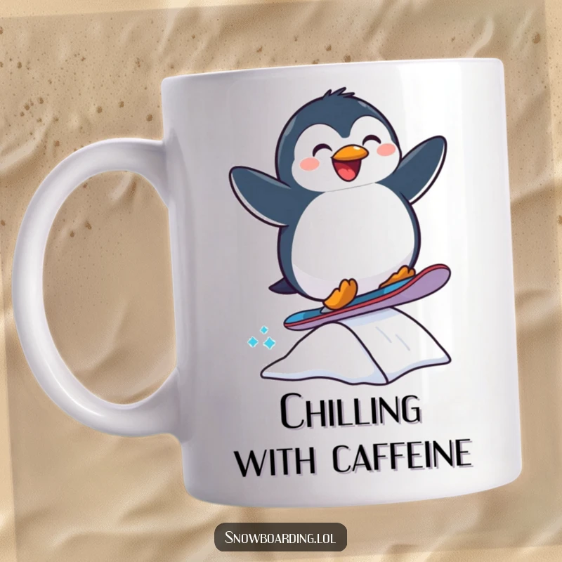 Funny mug showcasing a joyful penguin mid-air, snowboarding off a ramp with a determined, fun expression.