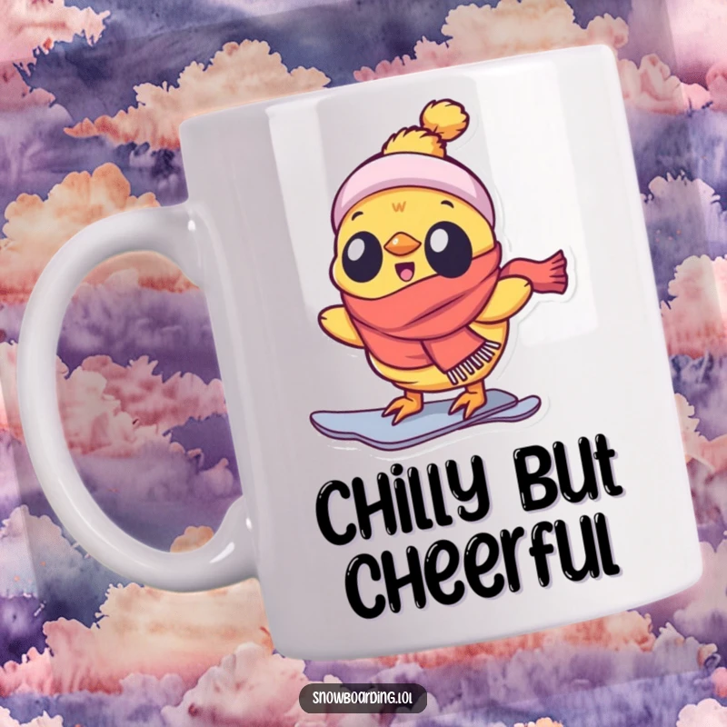 Funny mug featuring a delighted chick wearing a scarf, snowboarding with incredible enthusiasm and happiness.