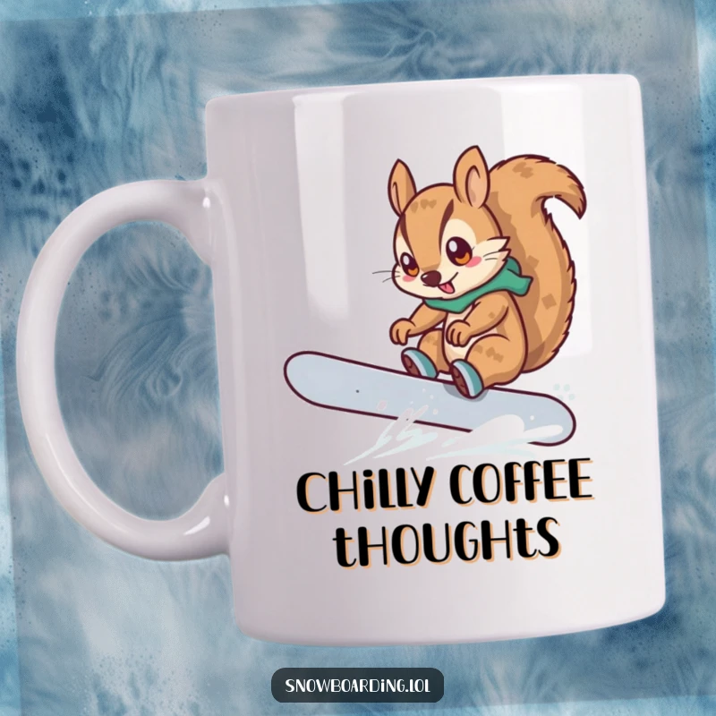 Funny mug showing a determined squirrel bravely attempting a trick on a snowboard, a cartoon character ready for winter action.