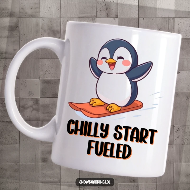Funny joyful penguin carving down a snowy slope on a snowboard, printed on a mug.