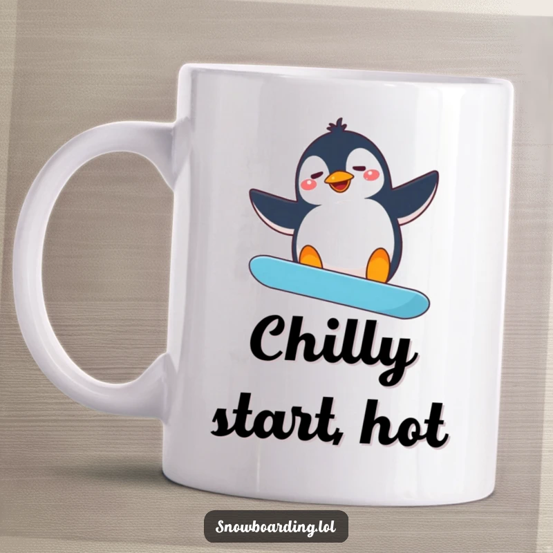 Funny penguin snowboarder mug, a silly penguin flailing arms while attempting a spin on a snowboard, pure comedic chaos.