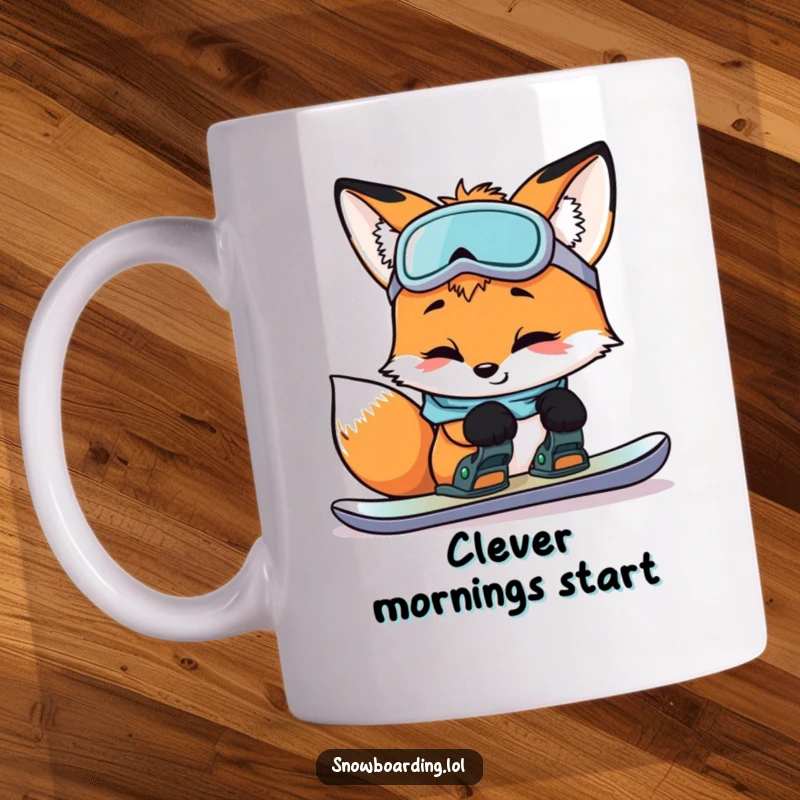 Funny curious fox smiling while inspecting snowboard bindings, conveying careful preparation and winter sports humor.