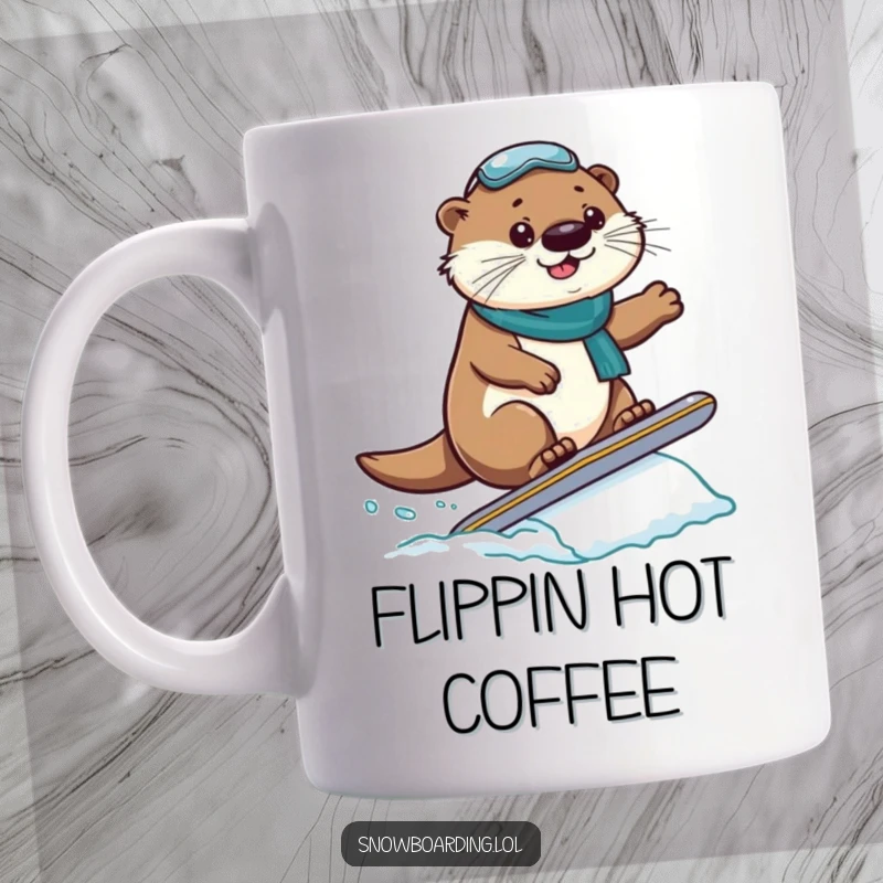 Funny Mug: A proud otter lands a small jump on a snowboard with a determined expression, showcasing winter fun.