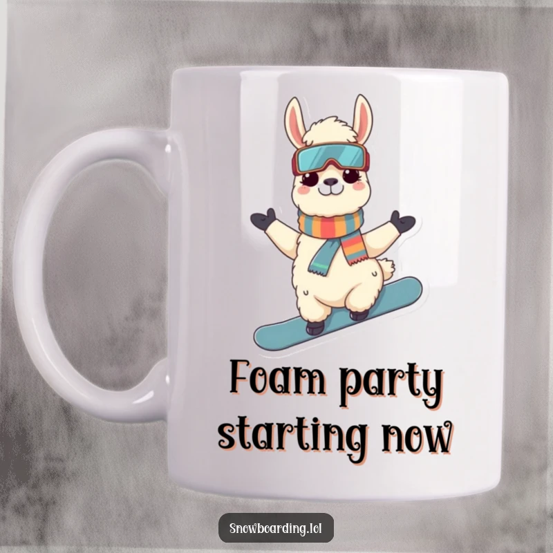Funny Llama Snowboarder Mug: A cool llama striking a pose with a snowboard, ready for winter fun, perfect for coffee lovers.