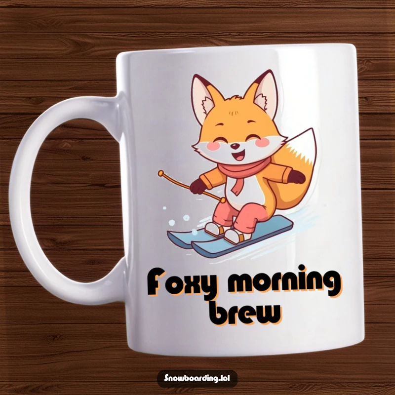 Funny mug featuring a smiling fox skillfully carving turns on a snowboard, embodying slick winter sports prowess.