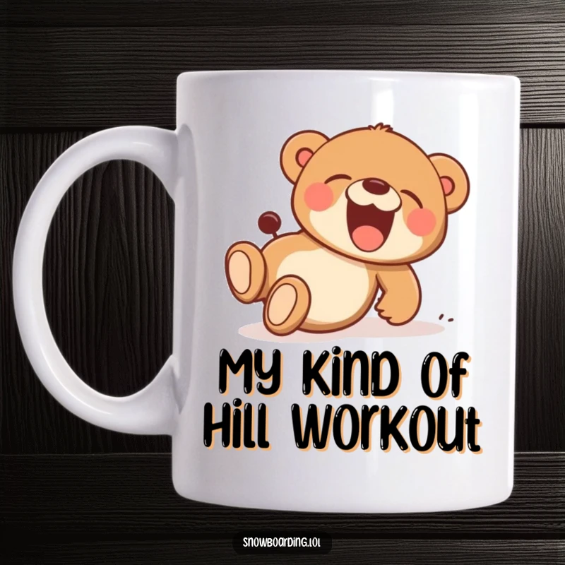 Funny mug featuring a happy bear cub tumbling downhill with gleeful laughter, a hilarious cartoon character full of playful energy.