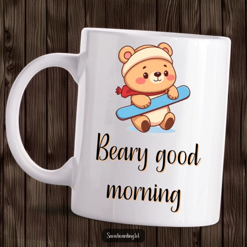 Funny cute bear balancing a snowboard on its nose, printed on a mug.